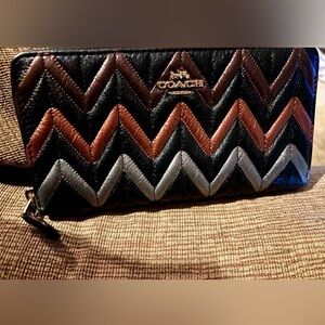 Coach Multicolor Metallic Chevron Leather Wallet Zip Around Long Credit Card